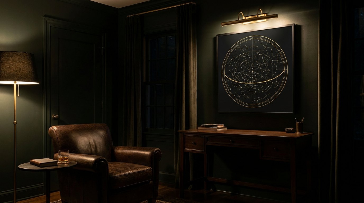 A Painted Skies chart on the wall — The study